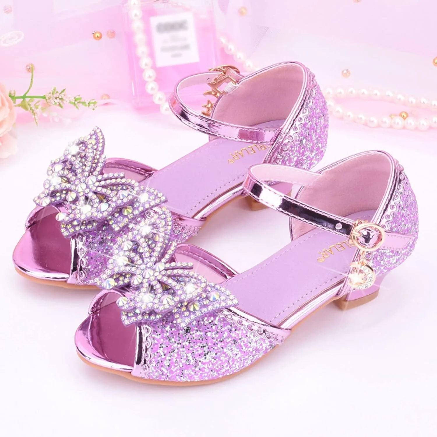 Girls Kids Sequins Pearl Bow Sandals High Heels Ankle Closed Toe Summer Princess Shoes Slip On Comfy Dress Dance Loafers