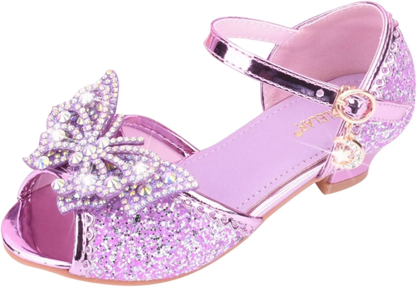 Girls Kids Sequins Pearl Bow Sandals High Heels Ankle Closed Toe Summer Princess Shoes Slip On Comfy Dress Dance Loafers