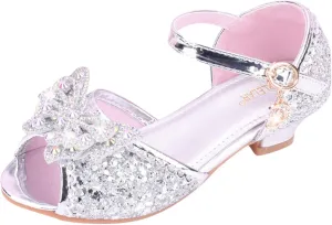 Girls Kids Sequins Pearl Bow Sandals High Heels Ankle Closed Toe Summer Princess Shoes Slip On Comfy Dress Dance Loafers