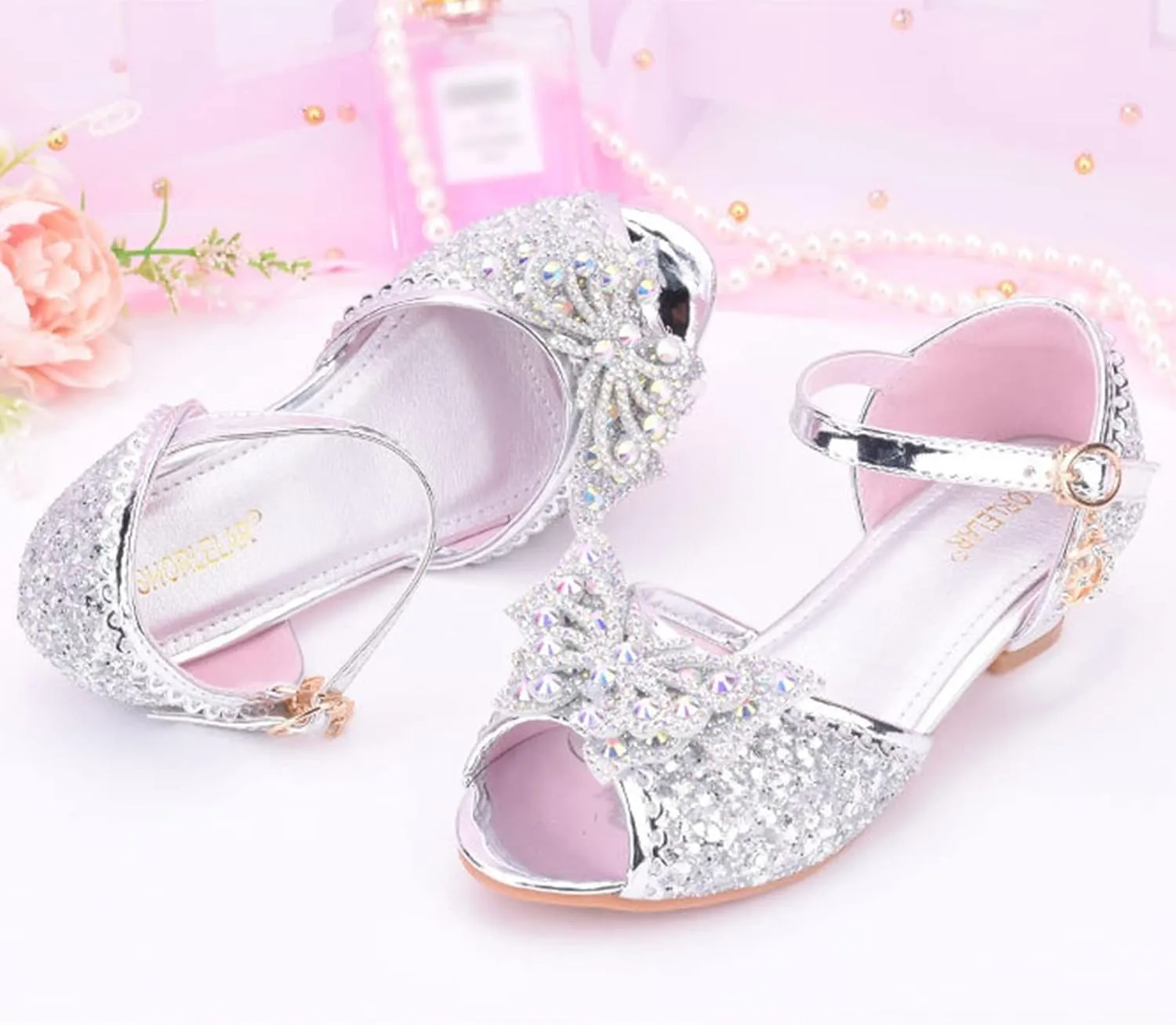 Girls Kids Sequins Pearl Bow Sandals High Heels Ankle Closed Toe Summer Princess Shoes Slip On Comfy Dress Dance Loafers