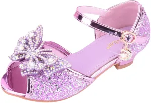 Girls Kids Sequins Pearl Bow Sandals High Heels Ankle Closed Toe Summer Princess Shoes Slip On Comfy Dress Dance Loafers