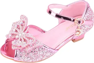 Girls Kids Sequins Pearl Bow Sandals High Heels Ankle Closed Toe Summer Princess Shoes Slip On Comfy Dress Dance Loafers