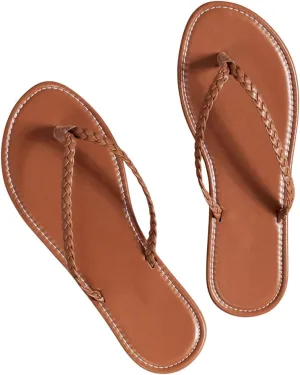 GORGLITTER Women's Leather Flip Flops Braided Sandals Summer Beach Vacation Open Toe Thong Slip on Slides