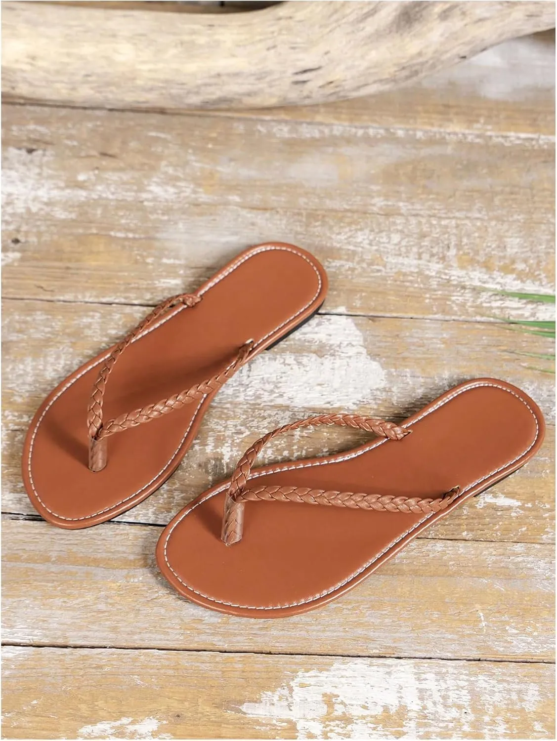 GORGLITTER Women's Leather Flip Flops Braided Sandals Summer Beach Vacation Open Toe Thong Slip on Slides