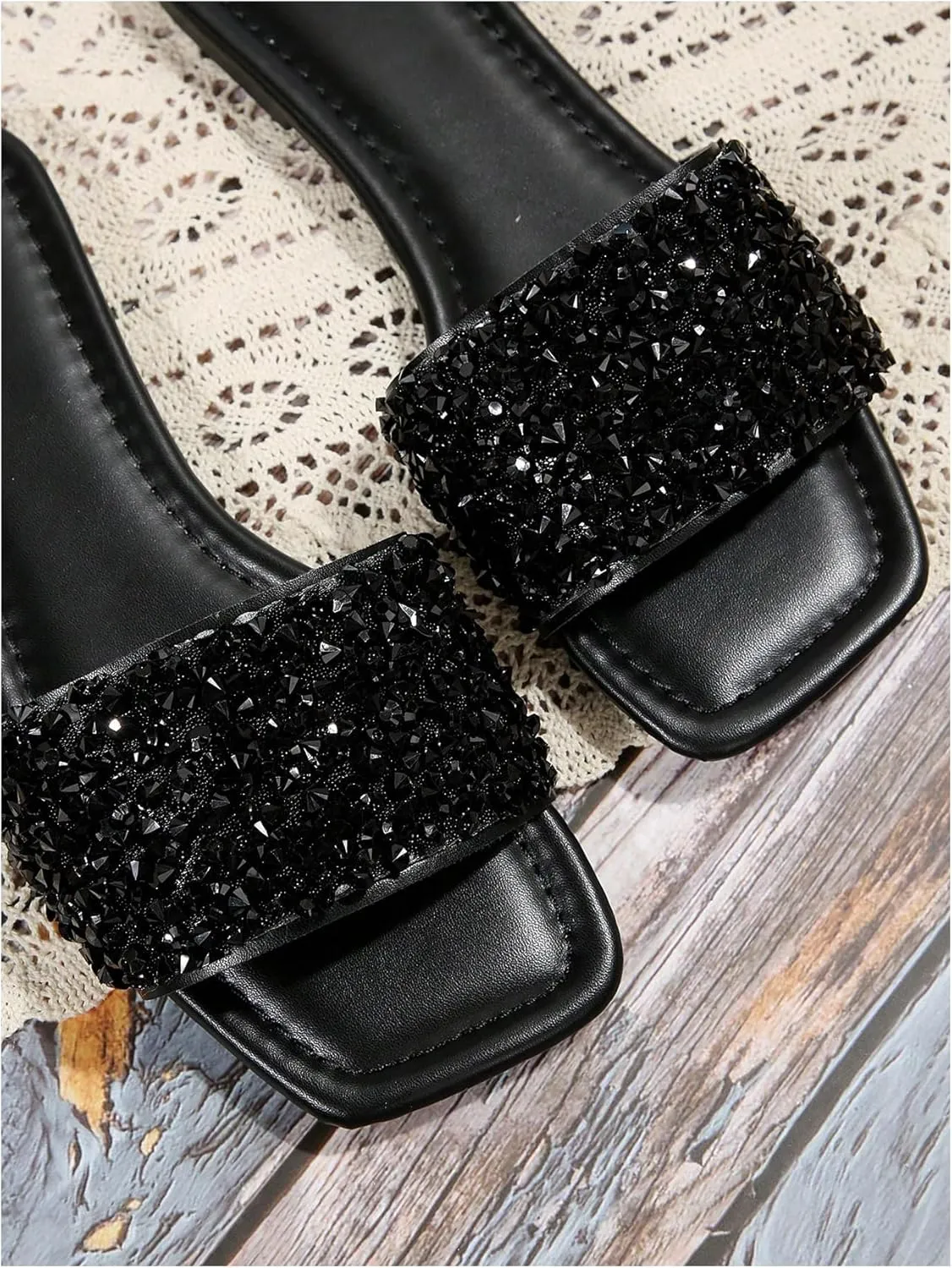 GORGLITTER Women's Sparkly Jeweled Flat Sandals Dressy Open Toe Glitter Shiny Slippers Slip-on Shoes