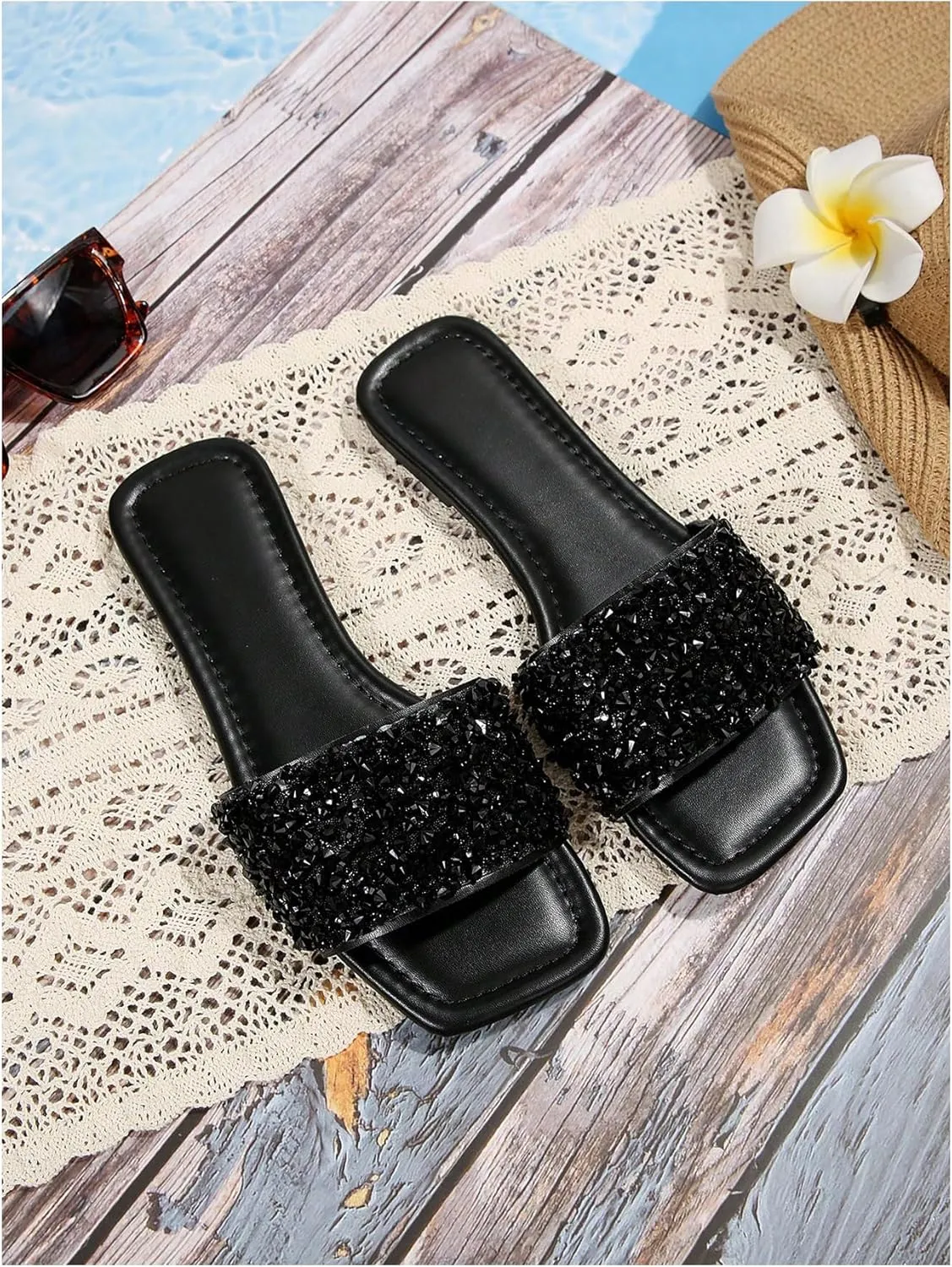 GORGLITTER Women's Sparkly Jeweled Flat Sandals Dressy Open Toe Glitter Shiny Slippers Slip-on Shoes