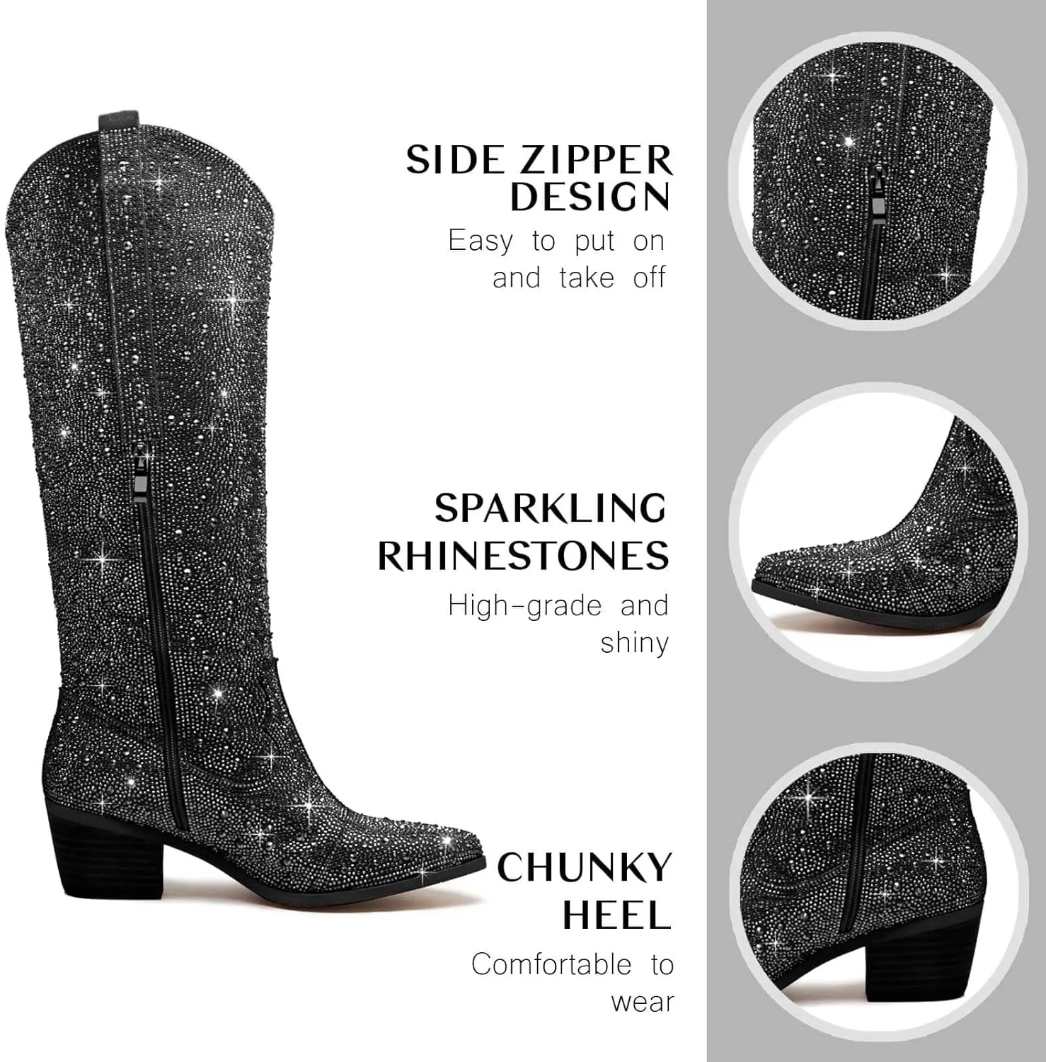 GOSERCE Women's Rhinestone Knee High Cowboy Boots Over the Knee Cowgirl Tall boots Pointed Toe Low Chunky Stacked Heel 5cm Pull On Tabs with Side Zipper Wide Sparkle Glitter Fashion Boots Party Retro Classic