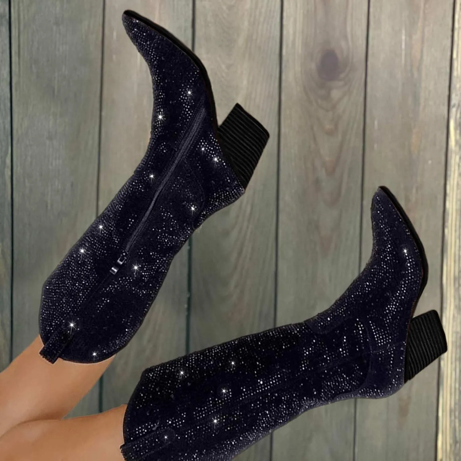 GOSERCE Women's Rhinestone Knee High Cowboy Boots Over the Knee Cowgirl Tall boots Pointed Toe Low Chunky Stacked Heel 5cm Pull On Tabs with Side Zipper Wide Sparkle Glitter Fashion Boots Party Retro Classic