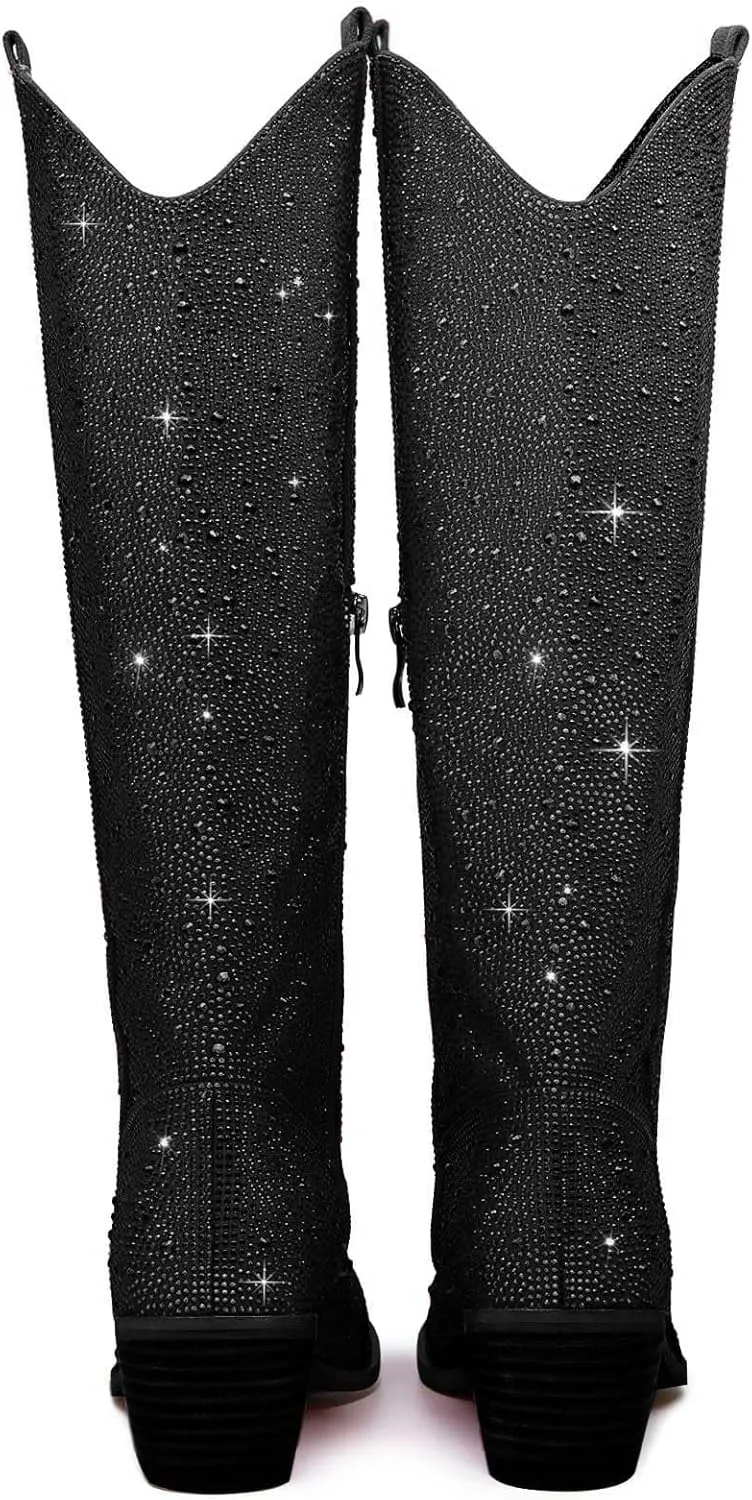 GOSERCE Women's Rhinestone Knee High Cowboy Boots Over the Knee Cowgirl Tall boots Pointed Toe Low Chunky Stacked Heel 5cm Pull On Tabs with Side Zipper Wide Sparkle Glitter Fashion Boots Party Retro Classic