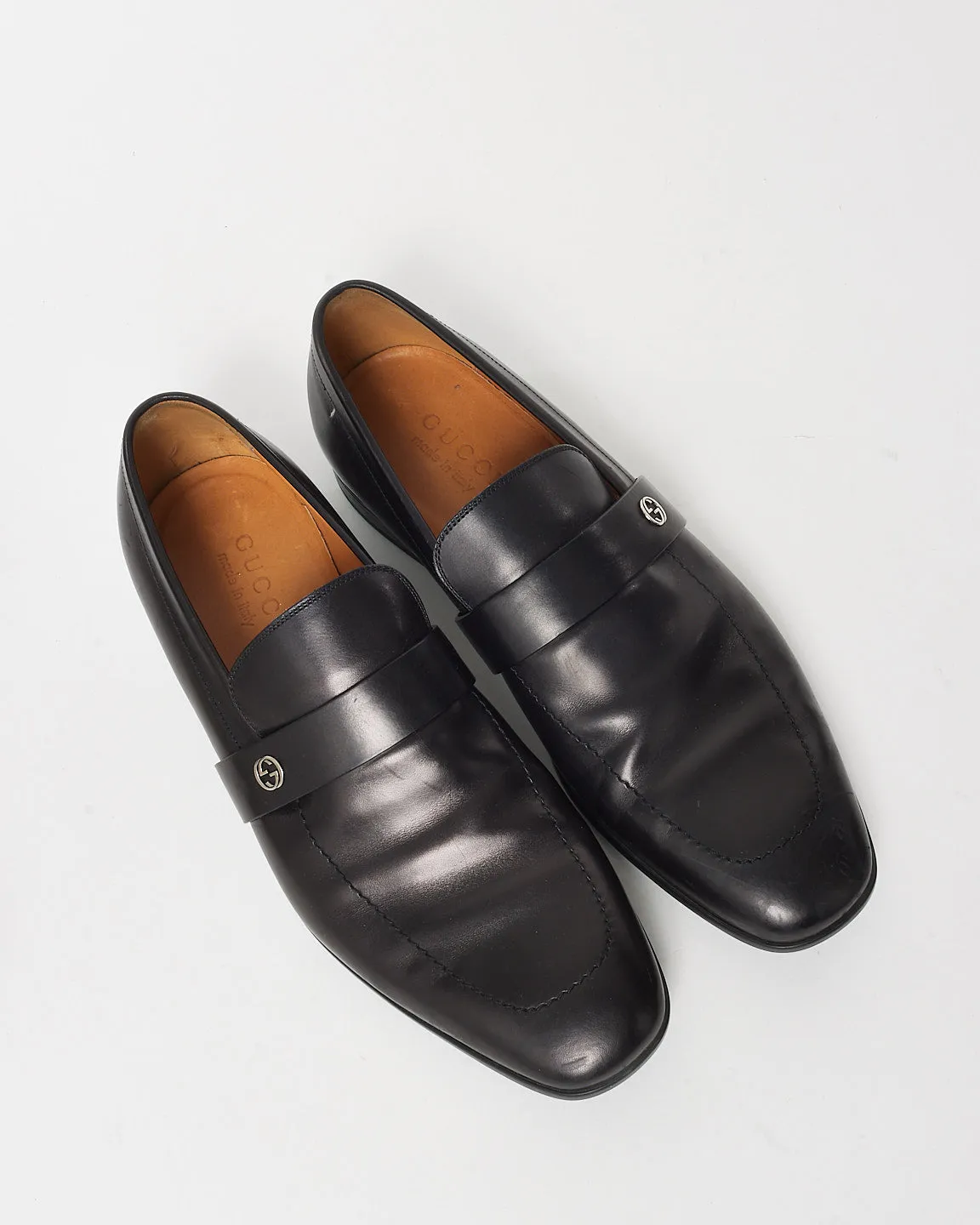 Gucci Black Smooth Leather GG Monogram Medallion Logo Loafers - 7 MEN