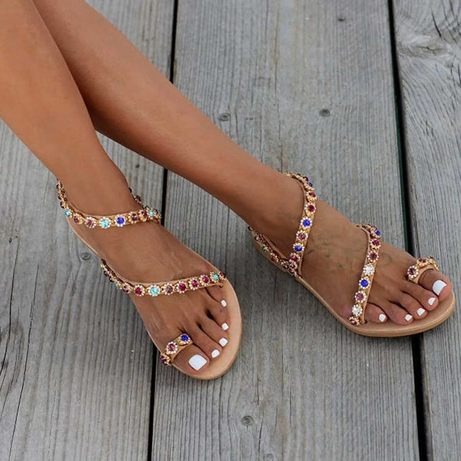 Hbeylia Boho Flat Sandals for Women,Rhinestones Pearl Design Toe Ring Jeweled Sandals Slip On Casual Beach Shoes for Wedding Bride Bridesmaid Ladies