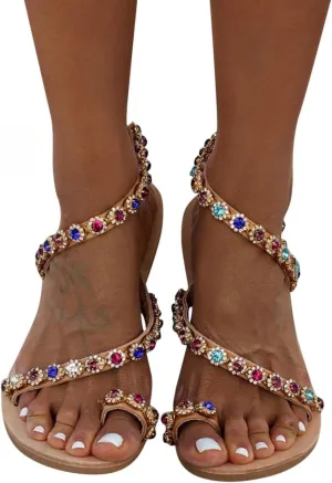 Hbeylia Boho Flat Sandals for Women,Rhinestones Pearl Design Toe Ring Jeweled Sandals Slip On Casual Beach Shoes for Wedding Bride Bridesmaid Ladies