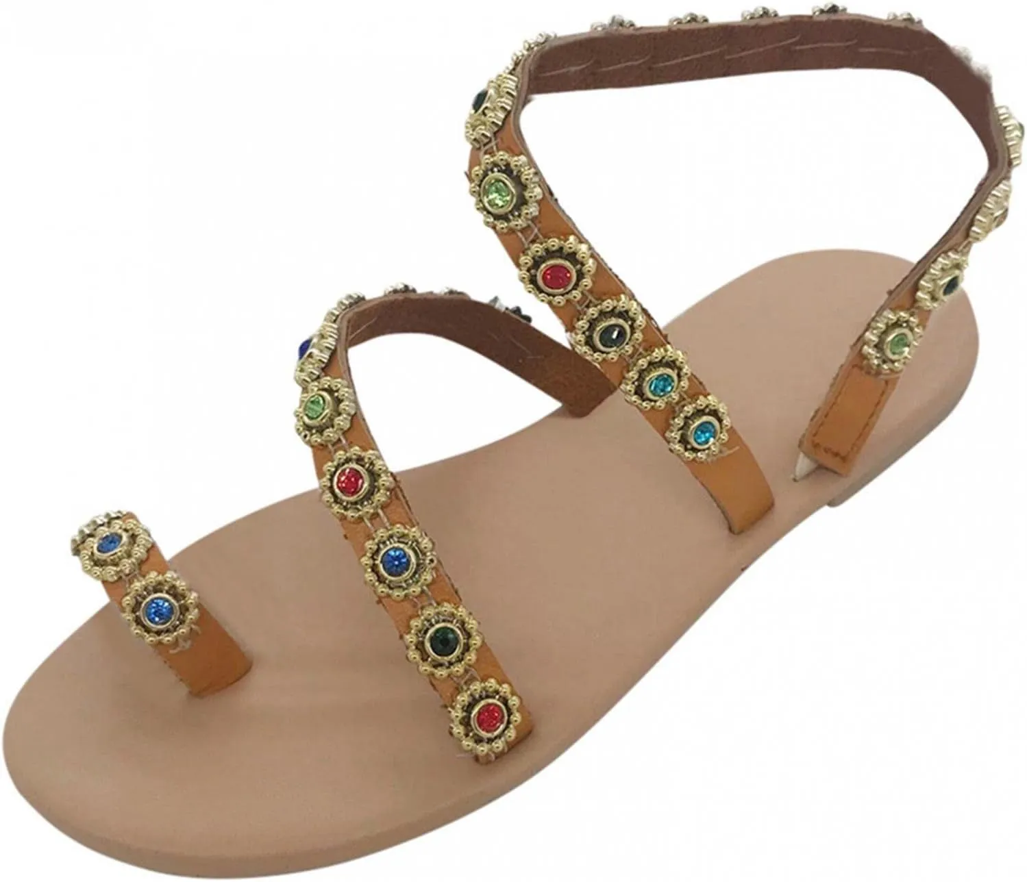 Hbeylia Boho Flat Sandals for Women,Rhinestones Pearl Design Toe Ring Jeweled Sandals Slip On Casual Beach Shoes for Wedding Bride Bridesmaid Ladies