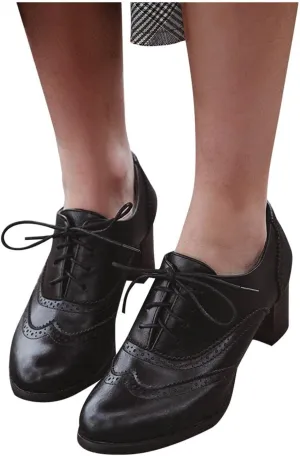 Hbeylia Dress Oxfords Shoes For Women Ladies Vintage Leather Lace Up Chunky Block Mid Heels Pumps Walking Shoes For Girls School Uniform Dress Mary Jane Shoes