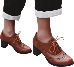 Hbeylia Dress Oxfords Shoes For Women Ladies Vintage Leather Lace Up Chunky Block Mid Heels Pumps Walking Shoes For Girls School Uniform Dress Mary Jane Shoes