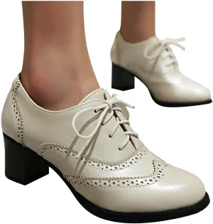 Hbeylia Dress Oxfords Shoes For Women Ladies Vintage Leather Lace Up Chunky Block Mid Heels Pumps Walking Shoes For Girls School Uniform Dress Mary Jane Shoes