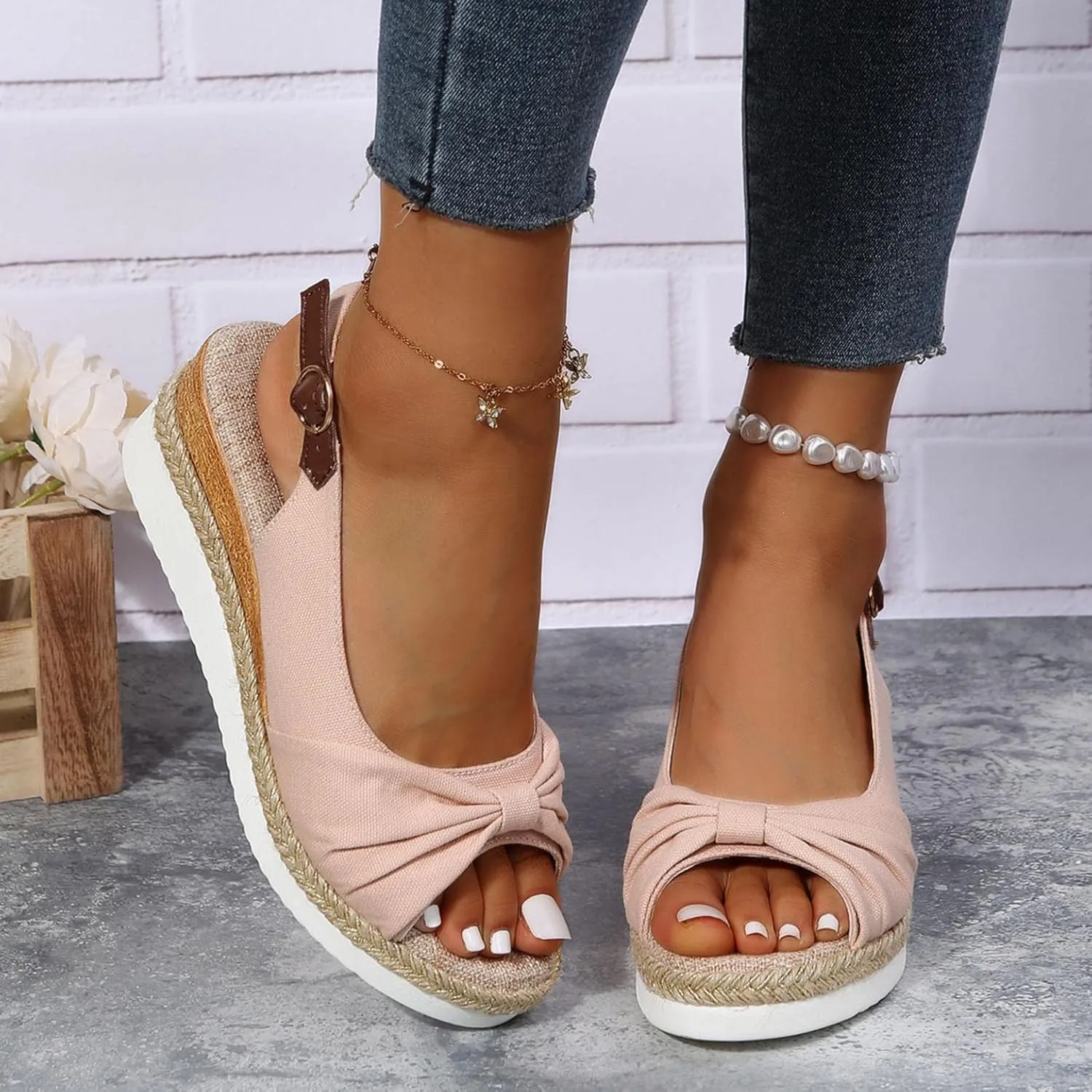 Hbeylia Espadrille Wedge Sandals for Women, Summer Casual Platform Peep Toe Hemp Woven Bohemian Ankle Strap Slingback Chunky Flat High Heel Dressy Summer Sandals