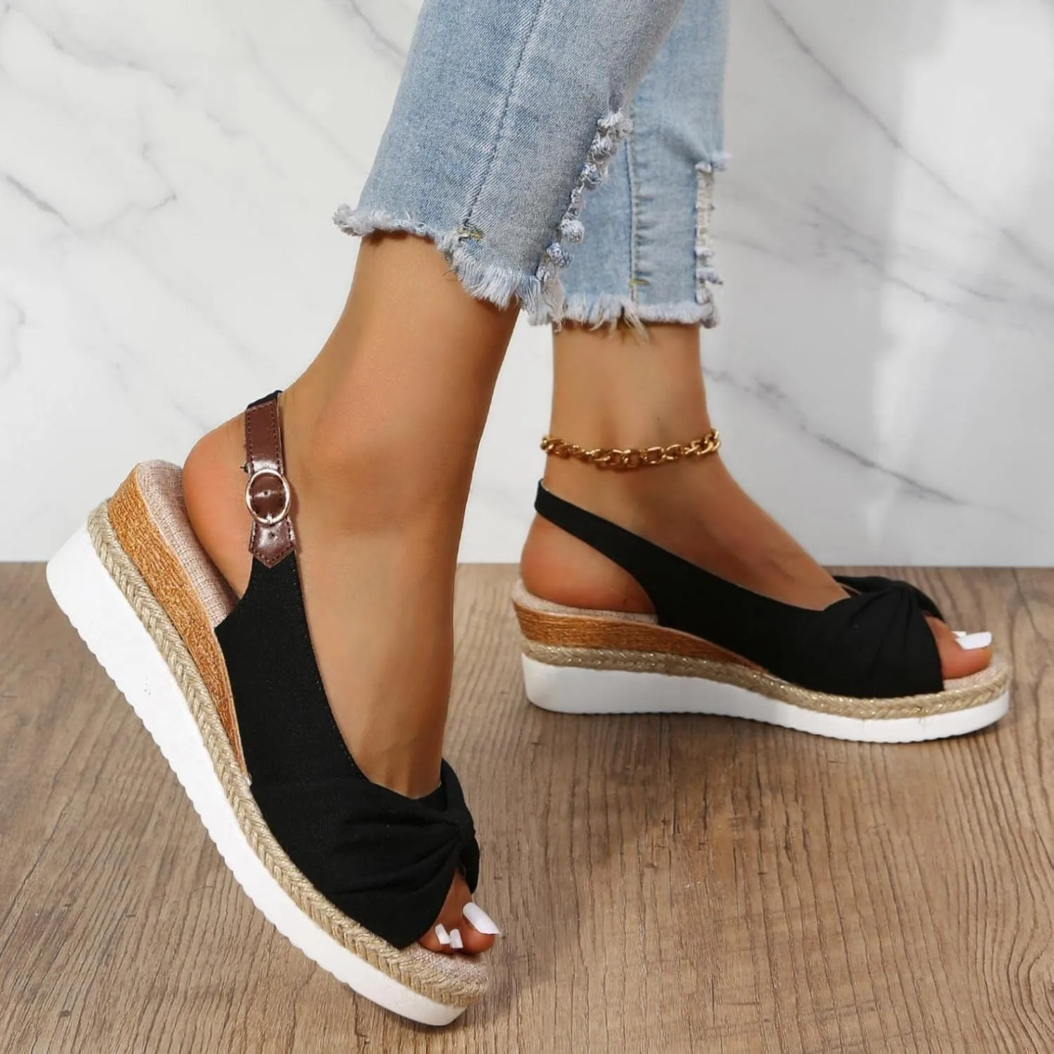 Hbeylia Espadrille Wedge Sandals for Women, Summer Casual Platform Peep Toe Hemp Woven Bohemian Ankle Strap Slingback Chunky Flat High Heel Dressy Summer Sandals