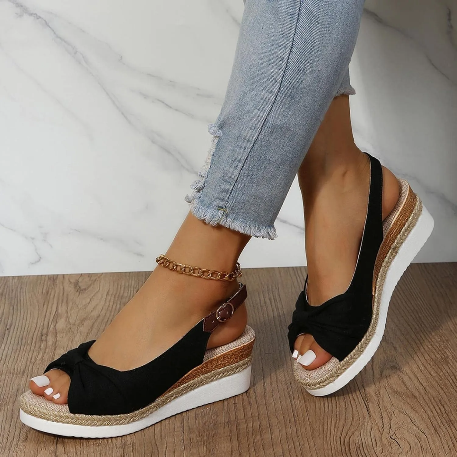 Hbeylia Espadrille Wedge Sandals for Women, Summer Casual Platform Peep Toe Hemp Woven Bohemian Ankle Strap Slingback Chunky Flat High Heel Dressy Summer Sandals