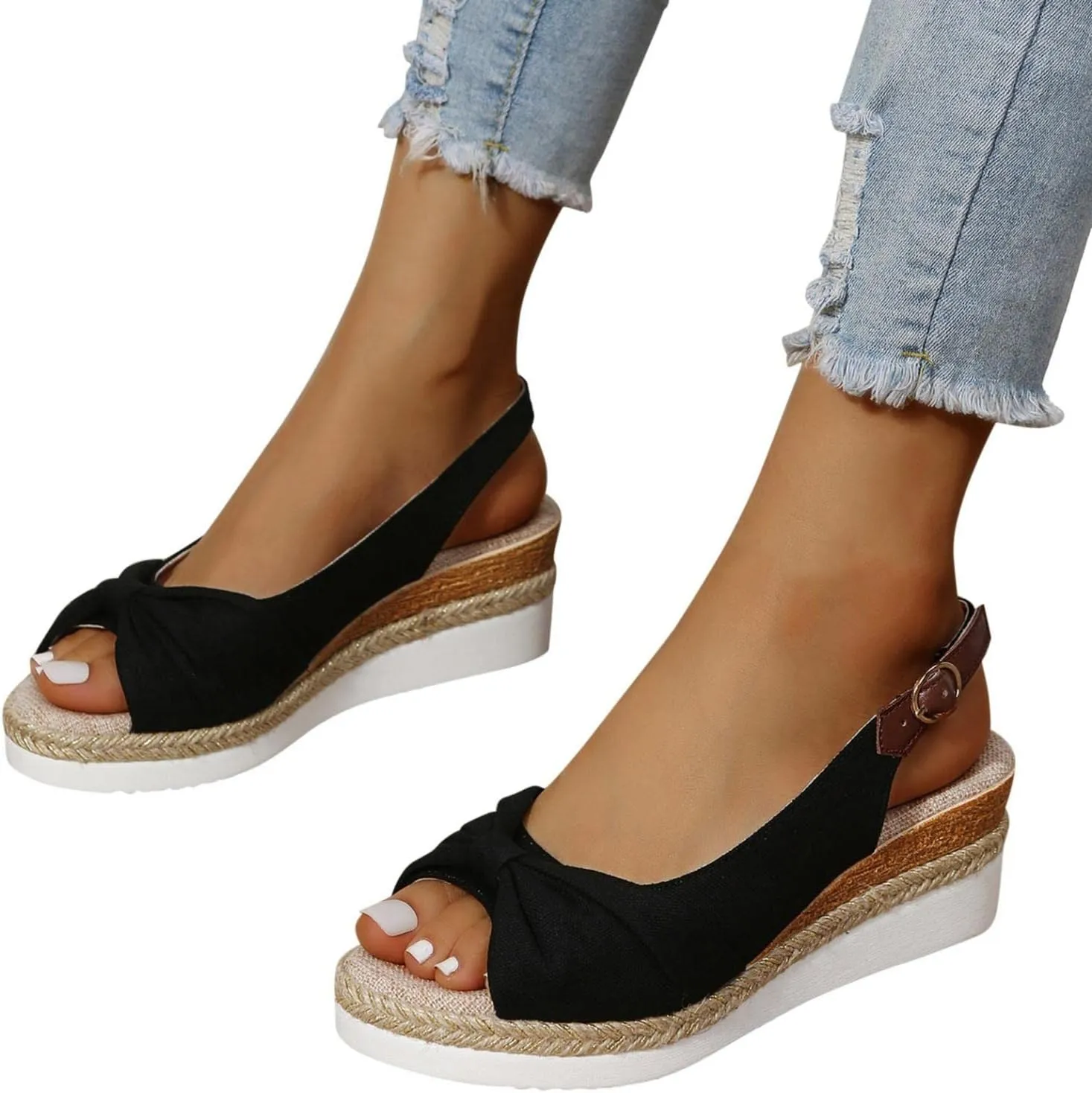 Hbeylia Espadrille Wedge Sandals for Women, Summer Casual Platform Peep Toe Hemp Woven Bohemian Ankle Strap Slingback Chunky Flat High Heel Dressy Summer Sandals
