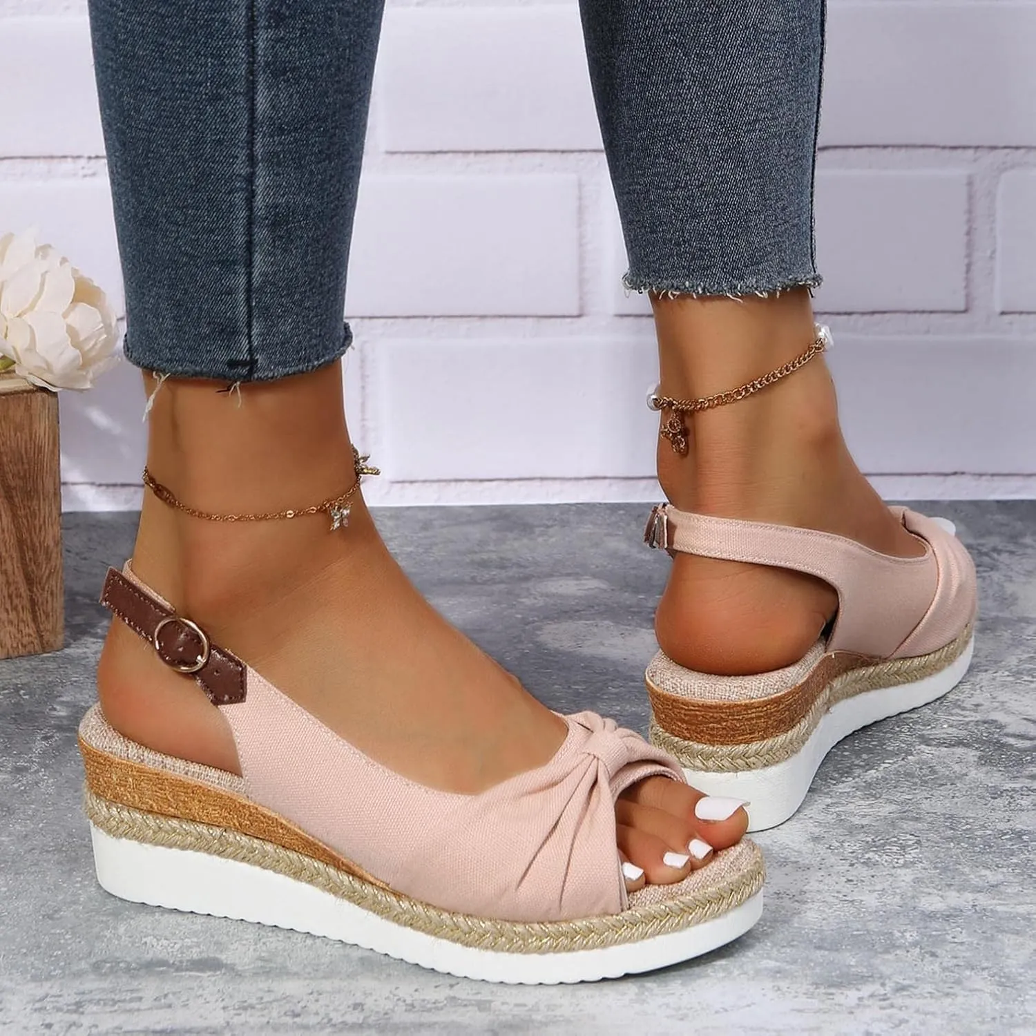 Hbeylia Espadrille Wedge Sandals for Women, Summer Casual Platform Peep Toe Hemp Woven Bohemian Ankle Strap Slingback Chunky Flat High Heel Dressy Summer Sandals