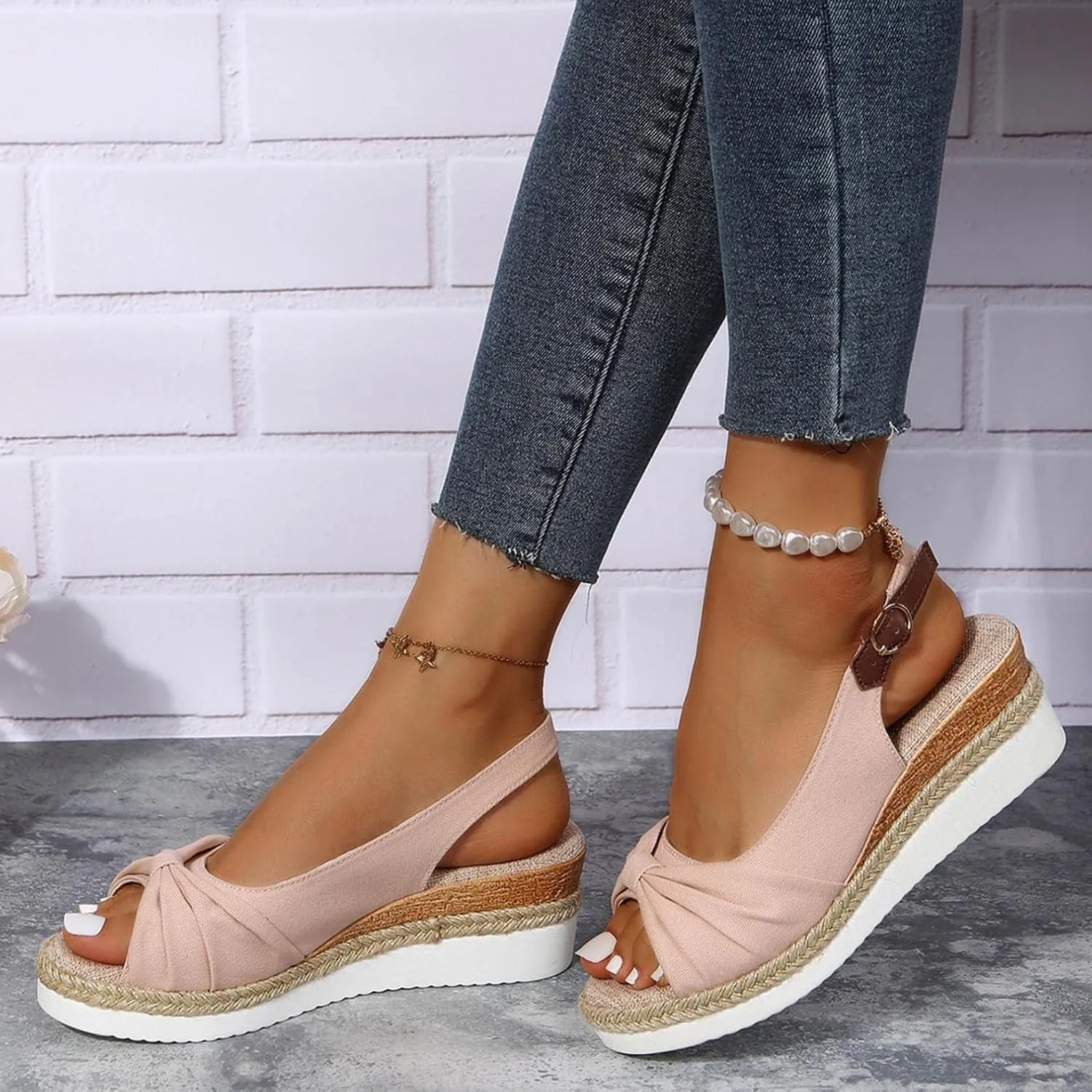 Hbeylia Espadrille Wedge Sandals for Women, Summer Casual Platform Peep Toe Hemp Woven Bohemian Ankle Strap Slingback Chunky Flat High Heel Dressy Summer Sandals