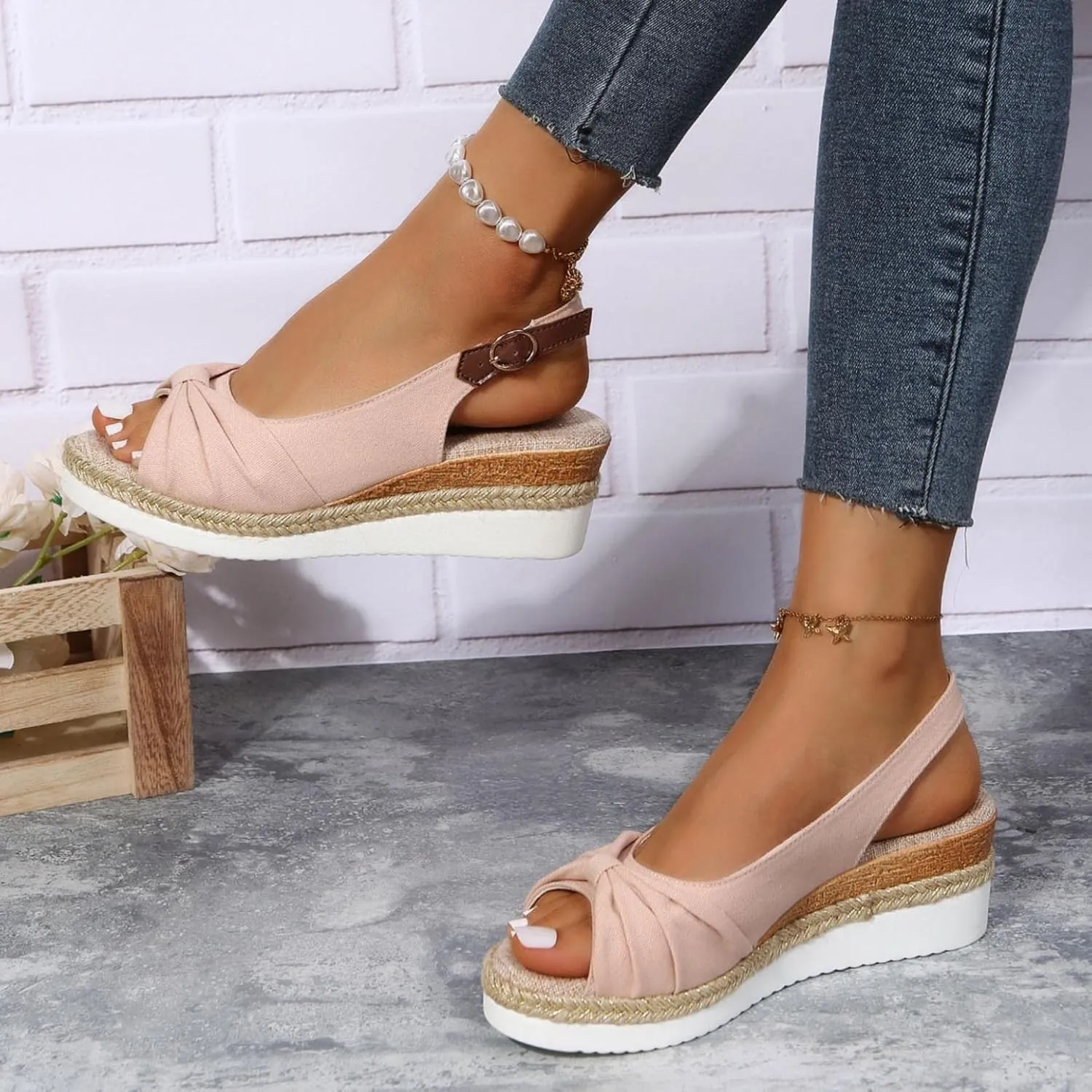 Hbeylia Espadrille Wedge Sandals for Women, Summer Casual Platform Peep Toe Hemp Woven Bohemian Ankle Strap Slingback Chunky Flat High Heel Dressy Summer Sandals