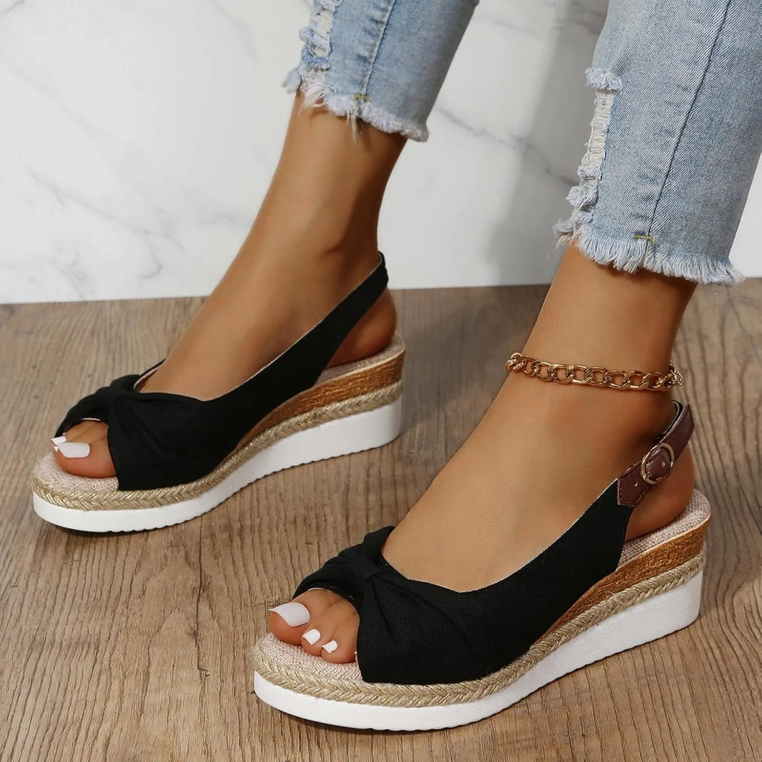 Hbeylia Espadrille Wedge Sandals for Women, Summer Casual Platform Peep Toe Hemp Woven Bohemian Ankle Strap Slingback Chunky Flat High Heel Dressy Summer Sandals