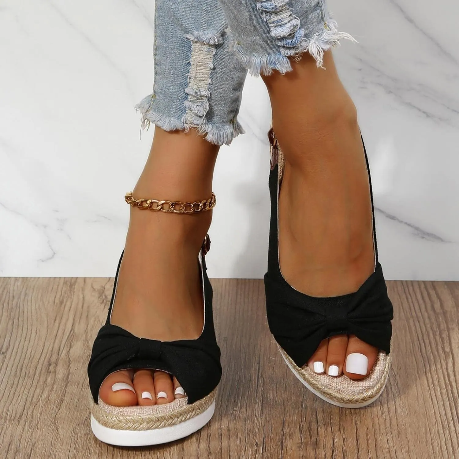 Hbeylia Espadrille Wedge Sandals for Women, Summer Casual Platform Peep Toe Hemp Woven Bohemian Ankle Strap Slingback Chunky Flat High Heel Dressy Summer Sandals
