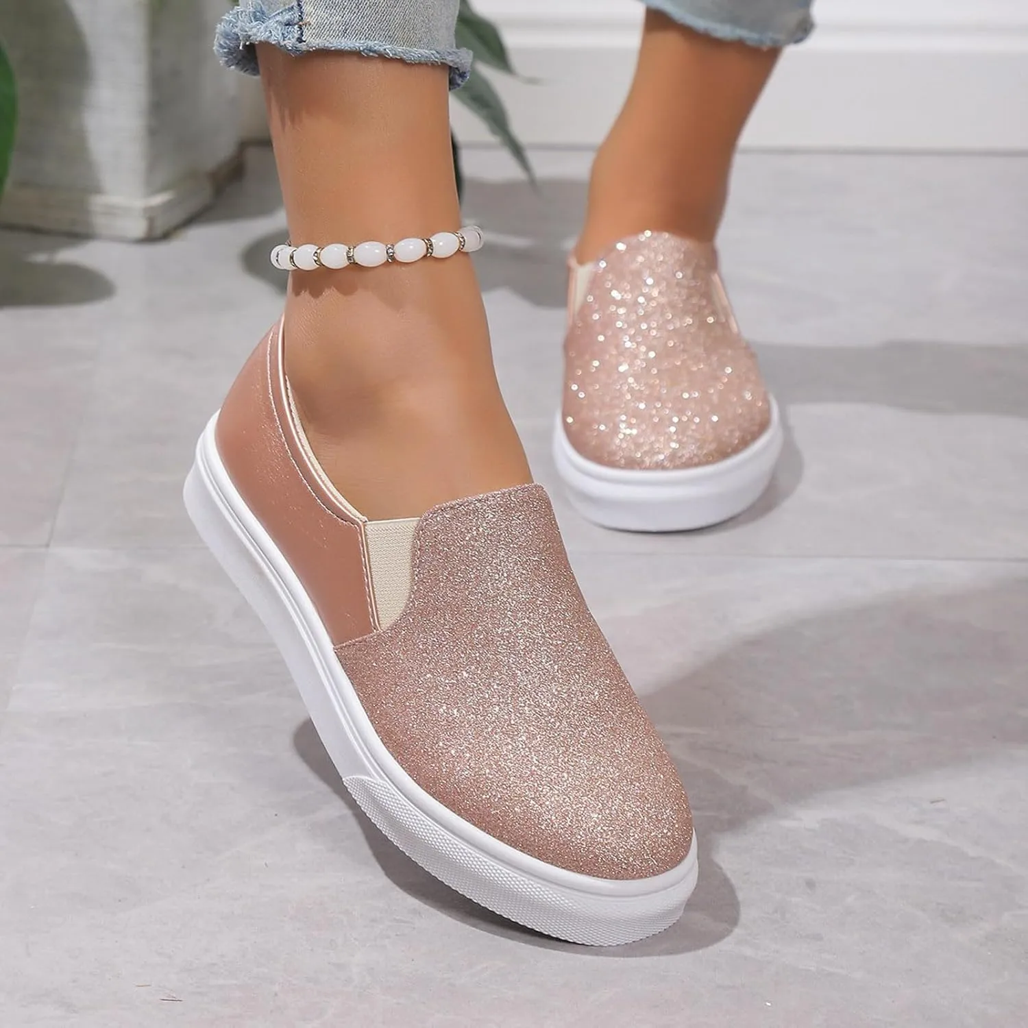 Hbeylia Fashion Platform Sneakers for Women Classic Low Top Glitter Sequin Slip On Chunky Bottom Flats Walking Shoes Trendy Fall Canvas Shoes for Women Ladies Bride Wedding Dress Party Decor