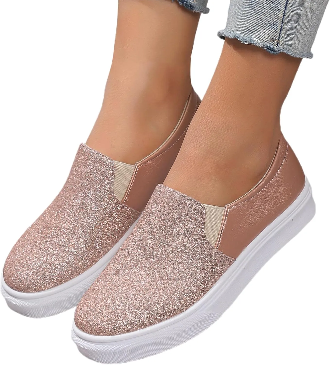Hbeylia Fashion Platform Sneakers for Women Classic Low Top Glitter Sequin Slip On Chunky Bottom Flats Walking Shoes Trendy Fall Canvas Shoes for Women Ladies Bride Wedding Dress Party Decor