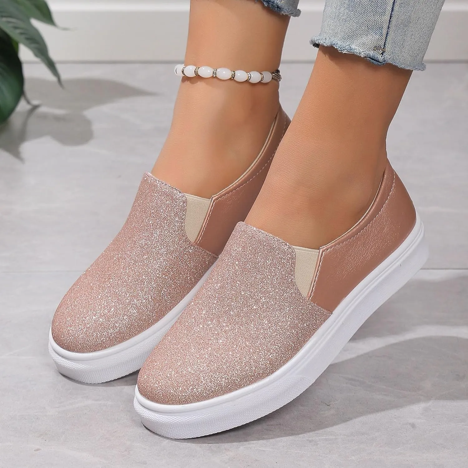 Hbeylia Fashion Platform Sneakers for Women Classic Low Top Glitter Sequin Slip On Chunky Bottom Flats Walking Shoes Trendy Fall Canvas Shoes for Women Ladies Bride Wedding Dress Party Decor