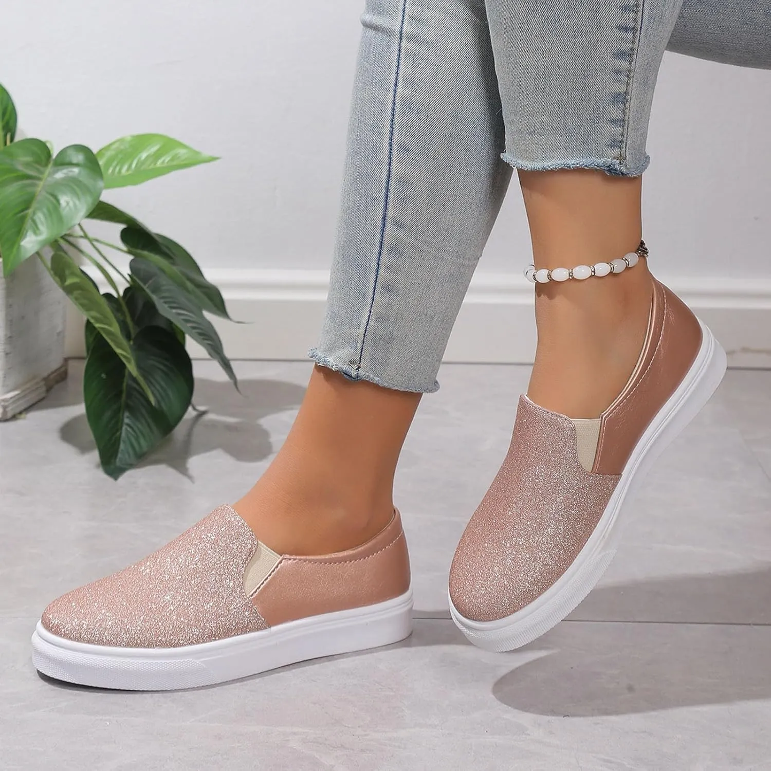Hbeylia Fashion Platform Sneakers for Women Classic Low Top Glitter Sequin Slip On Chunky Bottom Flats Walking Shoes Trendy Fall Canvas Shoes for Women Ladies Bride Wedding Dress Party Decor