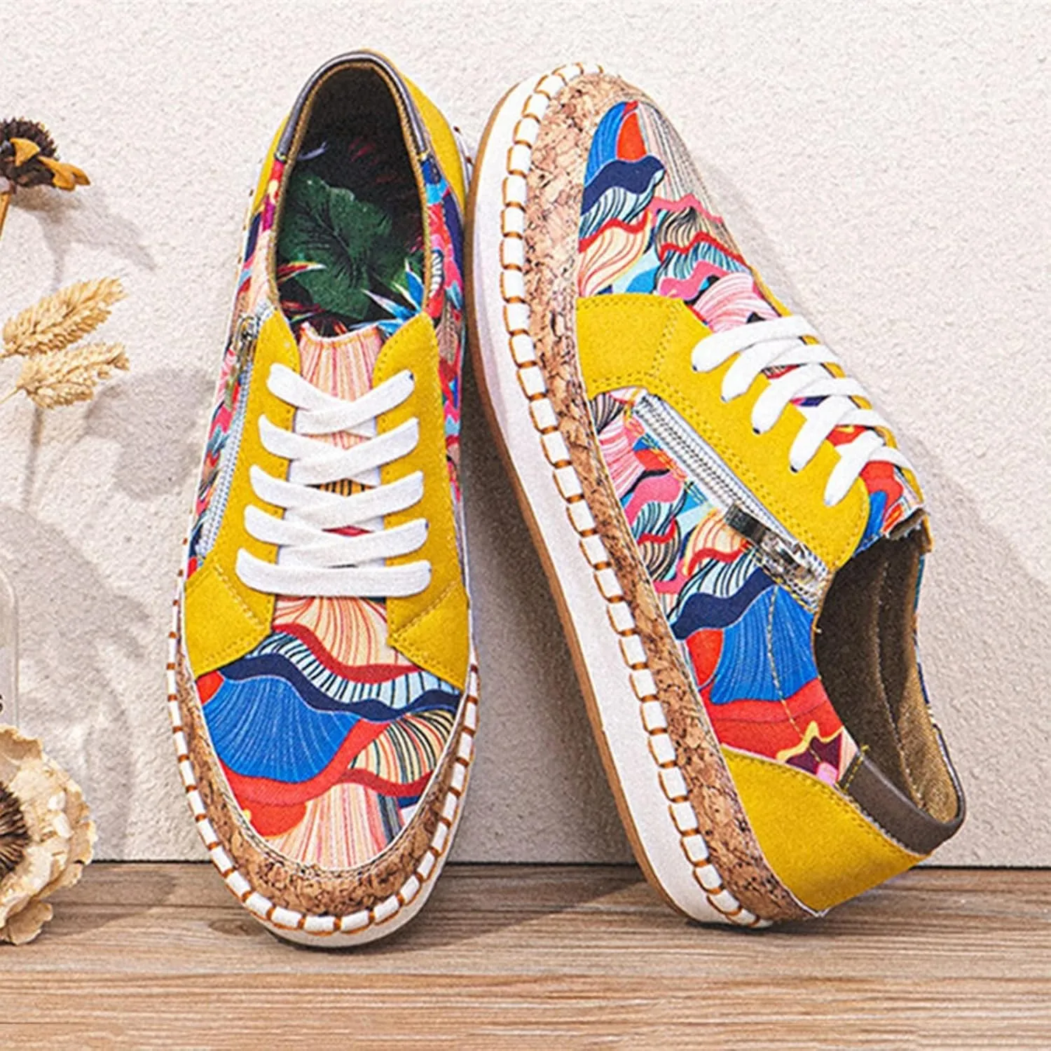 Hbeylia Fashion Sneakers for Women Casual Tie Dye Printed Chunky Bottom Platform Low Top Skateboard Canvas Shoes Size Zipper Wide Round Toe Anti Skid Lace Up Slip On Walking Loafers Work Shoes