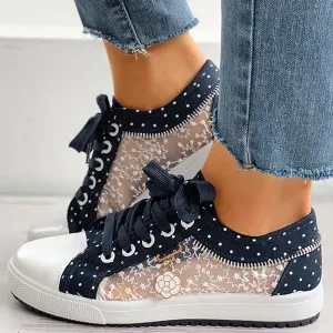 Hbeylia Lace Floral Embroidered Loafers for Women Girls Breathable Anti Slip Mesh Low Top Canvas Shoes Chunky Bottom Lace Up Play Sneakers Walking Shoes for Autumn Outdoor Travel Wedding