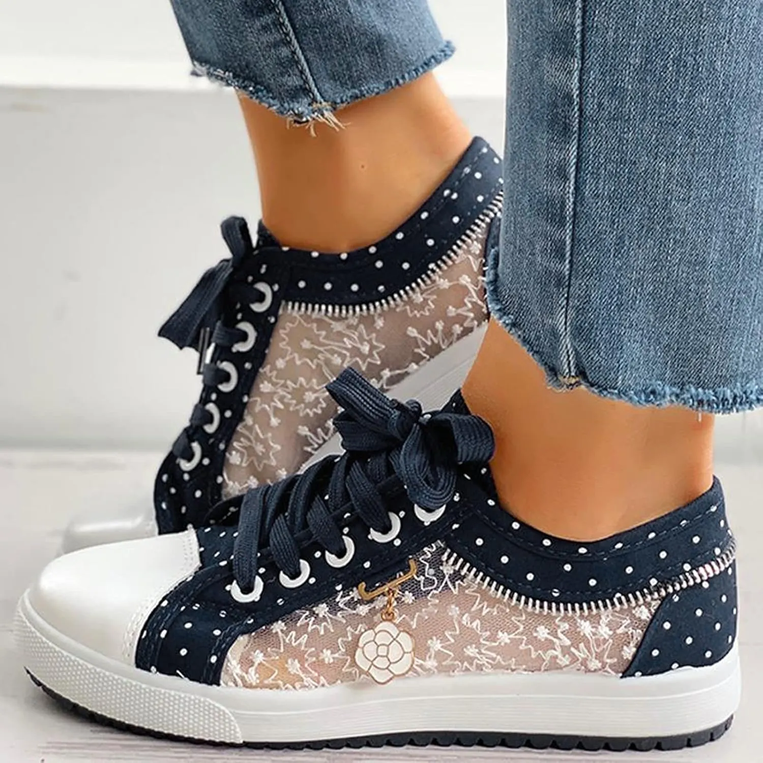 Hbeylia Lace Floral Embroidered Loafers for Women Girls Breathable Anti Slip Mesh Low Top Canvas Shoes Chunky Bottom Lace Up Play Sneakers Walking Shoes for Autumn Outdoor Travel Wedding