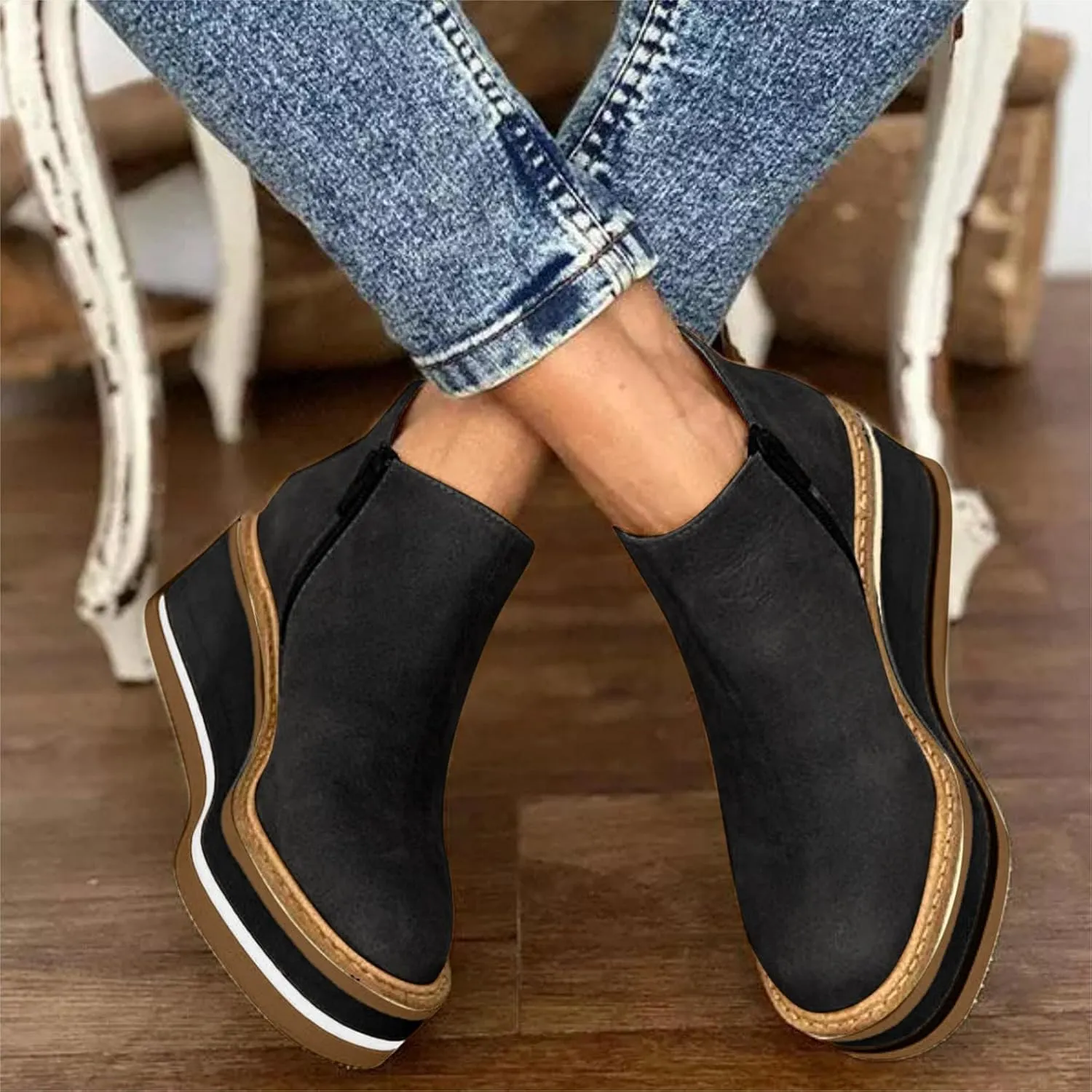 Hbeylia Platform Wedge Ankle Booties For Women Ladies Fashion Casual Leather Round Toe Chunky Bottom High Heels Ankle Boots High Top Fashion Sneakers Walking Shoes Winter Fall Dress Short Boots