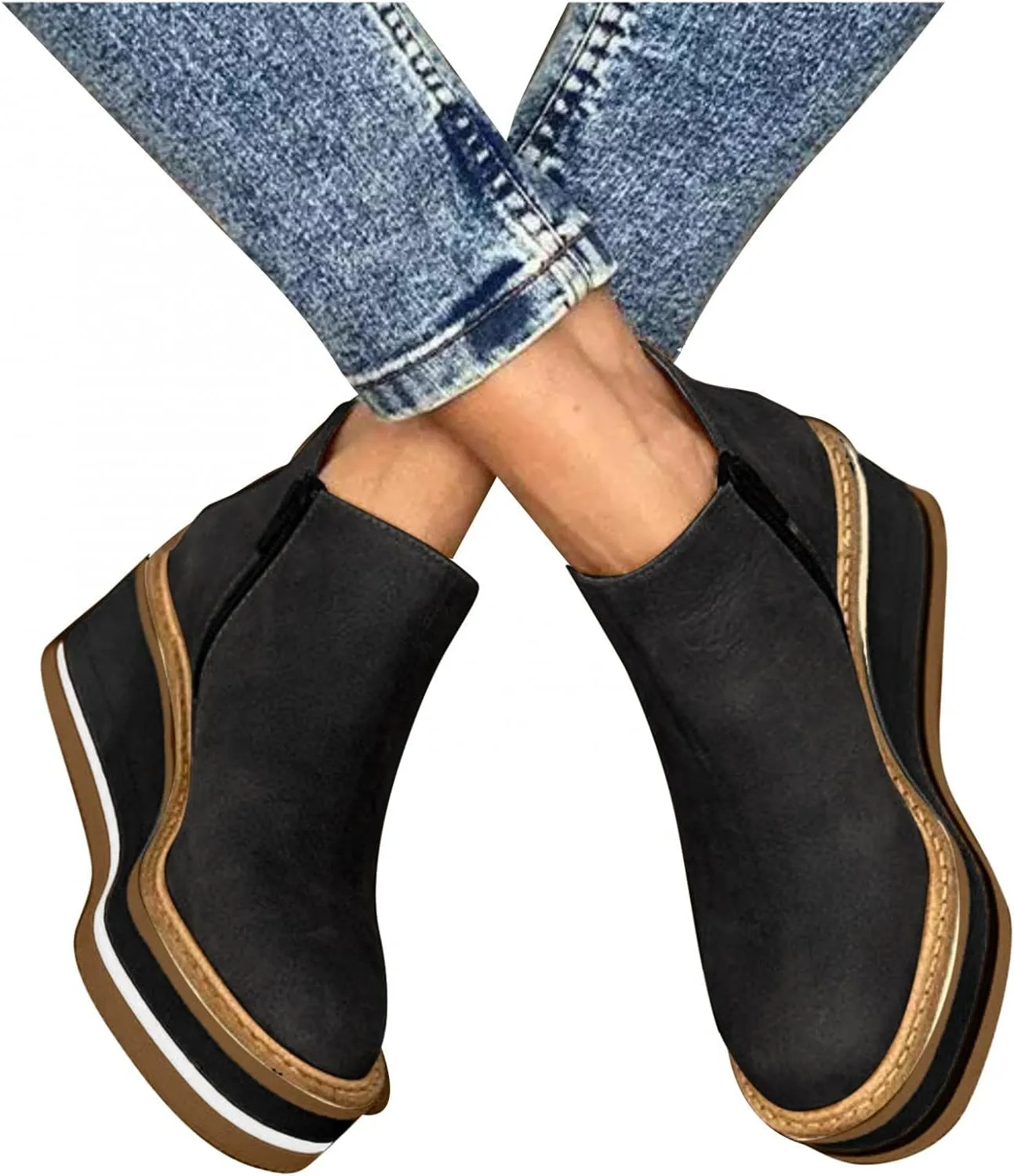Hbeylia Platform Wedge Ankle Booties For Women Ladies Fashion Casual Leather Round Toe Chunky Bottom High Heels Ankle Boots High Top Fashion Sneakers Walking Shoes Winter Fall Dress Short Boots