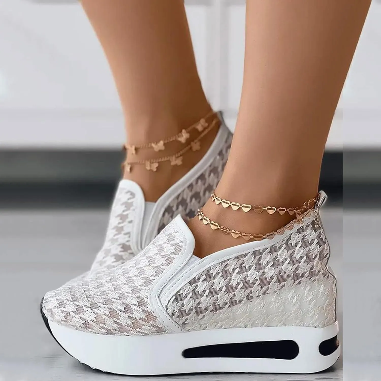Hbeylia Platform Wedge Fashion Sneakers for Women Ladies Mesh Air Lace Chunky Sole High Heels Slip On Loafers Walking Work Shoes Arch Support Low Top Play Sneakers