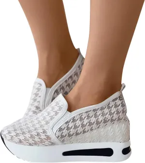 Hbeylia Platform Wedge Fashion Sneakers for Women Ladies Mesh Air Lace Chunky Sole High Heels Slip On Loafers Walking Work Shoes Arch Support Low Top Play Sneakers
