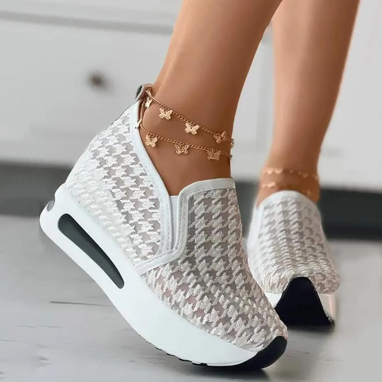 Hbeylia Platform Wedge Fashion Sneakers for Women Ladies Mesh Air Lace Chunky Sole High Heels Slip On Loafers Walking Work Shoes Arch Support Low Top Play Sneakers