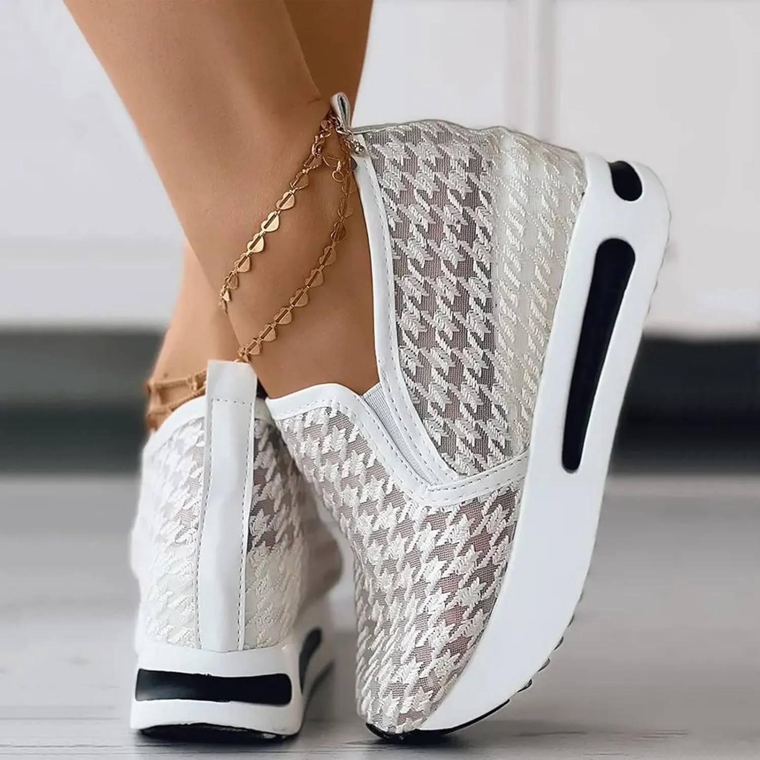 Hbeylia Platform Wedge Fashion Sneakers for Women Ladies Mesh Air Lace Chunky Sole High Heels Slip On Loafers Walking Work Shoes Arch Support Low Top Play Sneakers