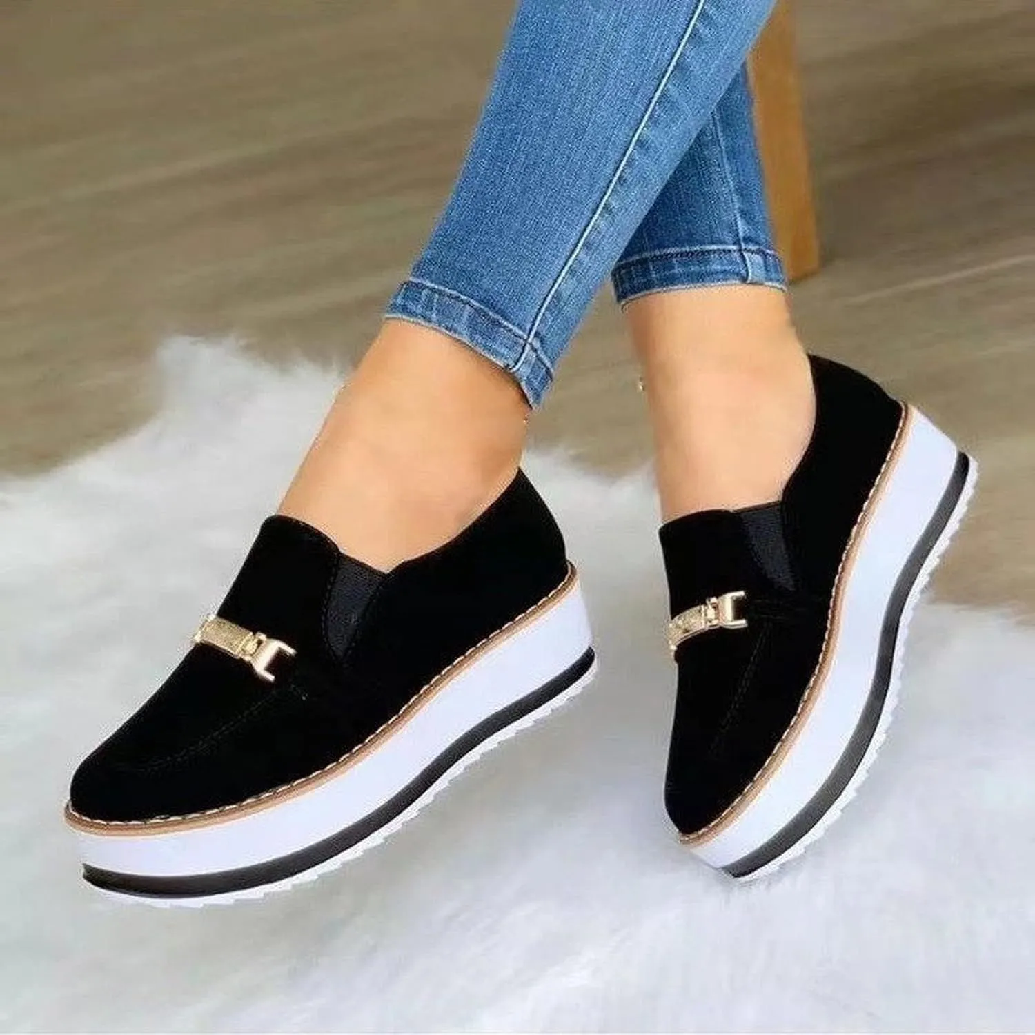Hbeylia Platform Wedge Loafers for Women Fashion Round Toe Chunky Bottom High Heels Walking Play Sneakers Slip On Breathable Walking Muffin Shoes for Outdoor Travel