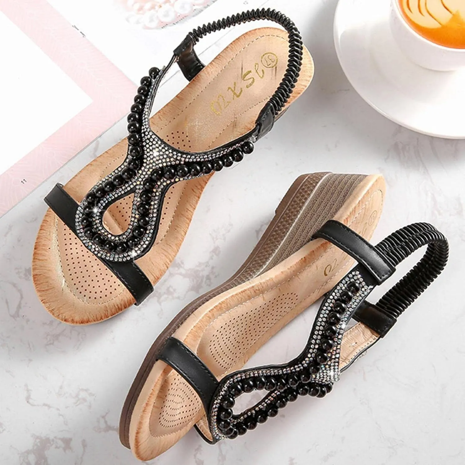 Hbeylia Platform Wedge Sandals for Women,Ladies Fashion Summer Boho Rhinestones Crystal Gladiator Open Toe Ethnic Low Heel Sandals Roman Lightweight Outdoor Sandals