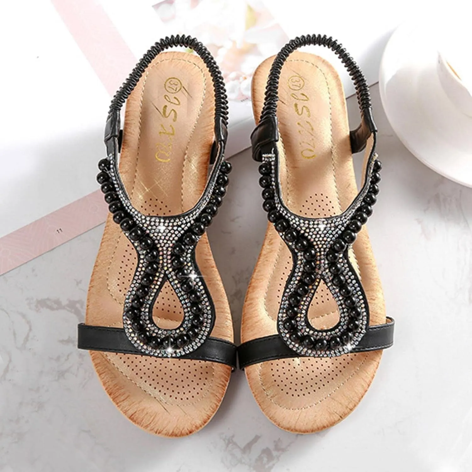 Hbeylia Platform Wedge Sandals for Women,Ladies Fashion Summer Boho Rhinestones Crystal Gladiator Open Toe Ethnic Low Heel Sandals Roman Lightweight Outdoor Sandals