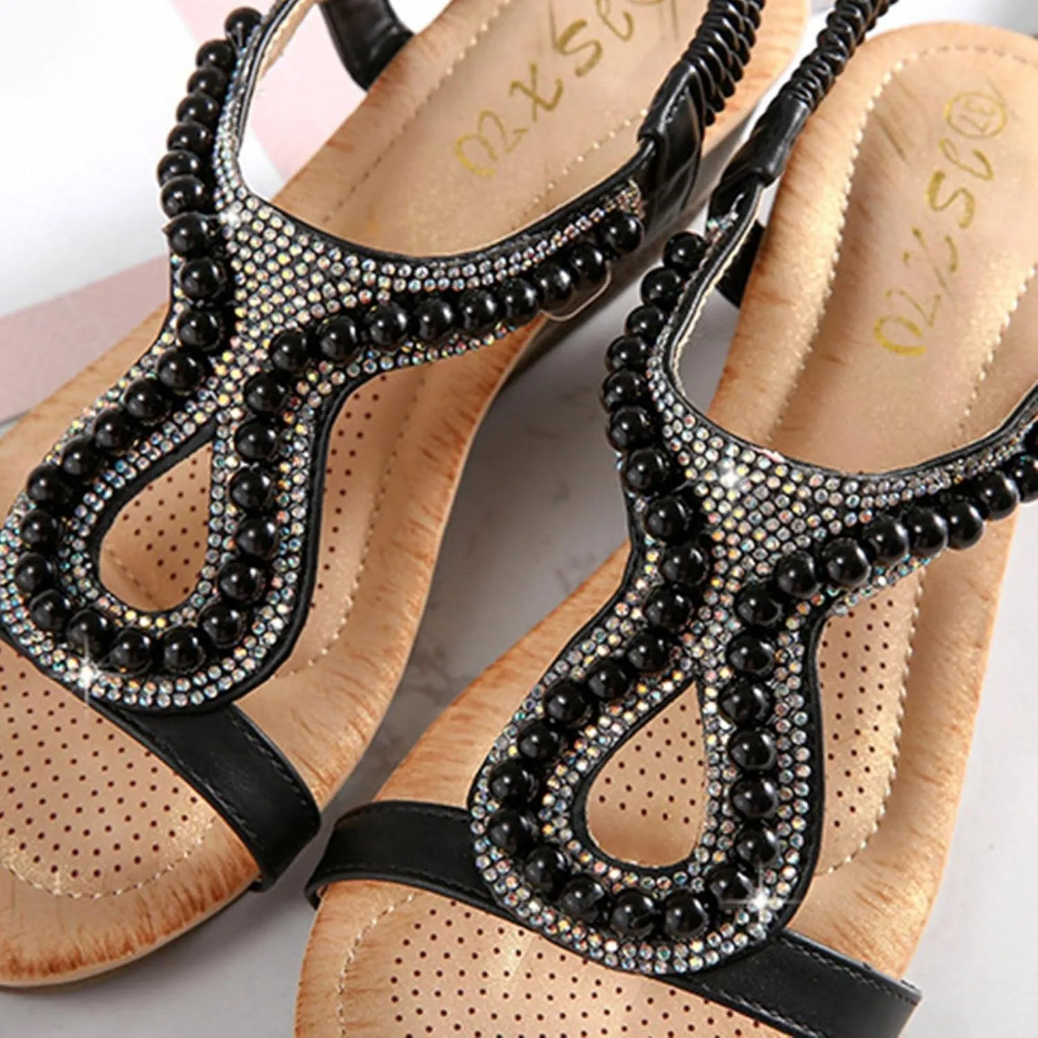 Hbeylia Platform Wedge Sandals for Women,Ladies Fashion Summer Boho Rhinestones Crystal Gladiator Open Toe Ethnic Low Heel Sandals Roman Lightweight Outdoor Sandals