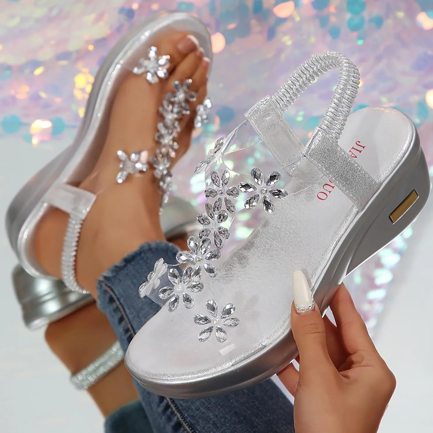 Hbeylia Rhinestones Wedge Sandals for Women Sparkly Butterfly Dressy Summer Open Toe Low Platform Wedges Sandals Elastic Ankle Strap Bling Heels Dress Shoes Comfortable Casual Slip On Sandals
