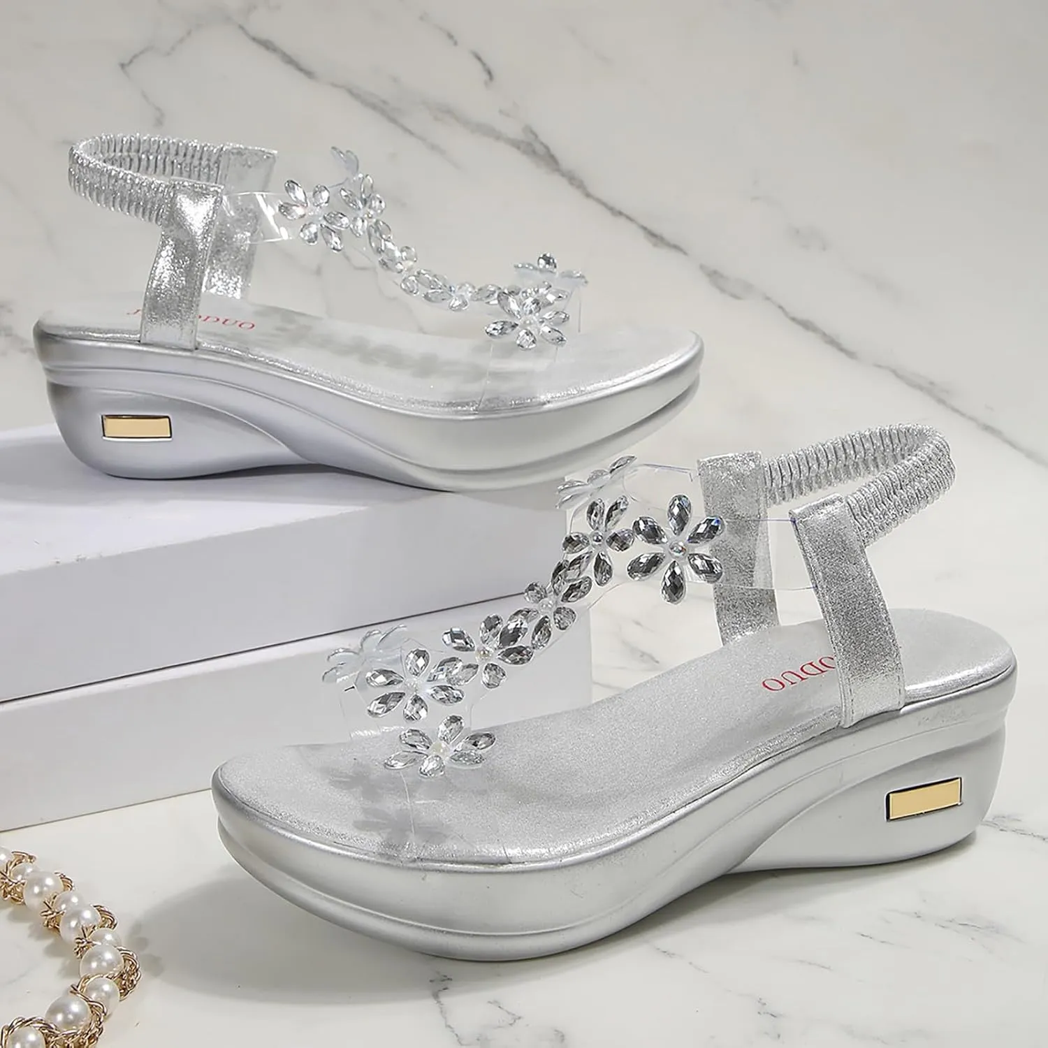 Hbeylia Rhinestones Wedge Sandals for Women Sparkly Butterfly Dressy Summer Open Toe Low Platform Wedges Sandals Elastic Ankle Strap Bling Heels Dress Shoes Comfortable Casual Slip On Sandals