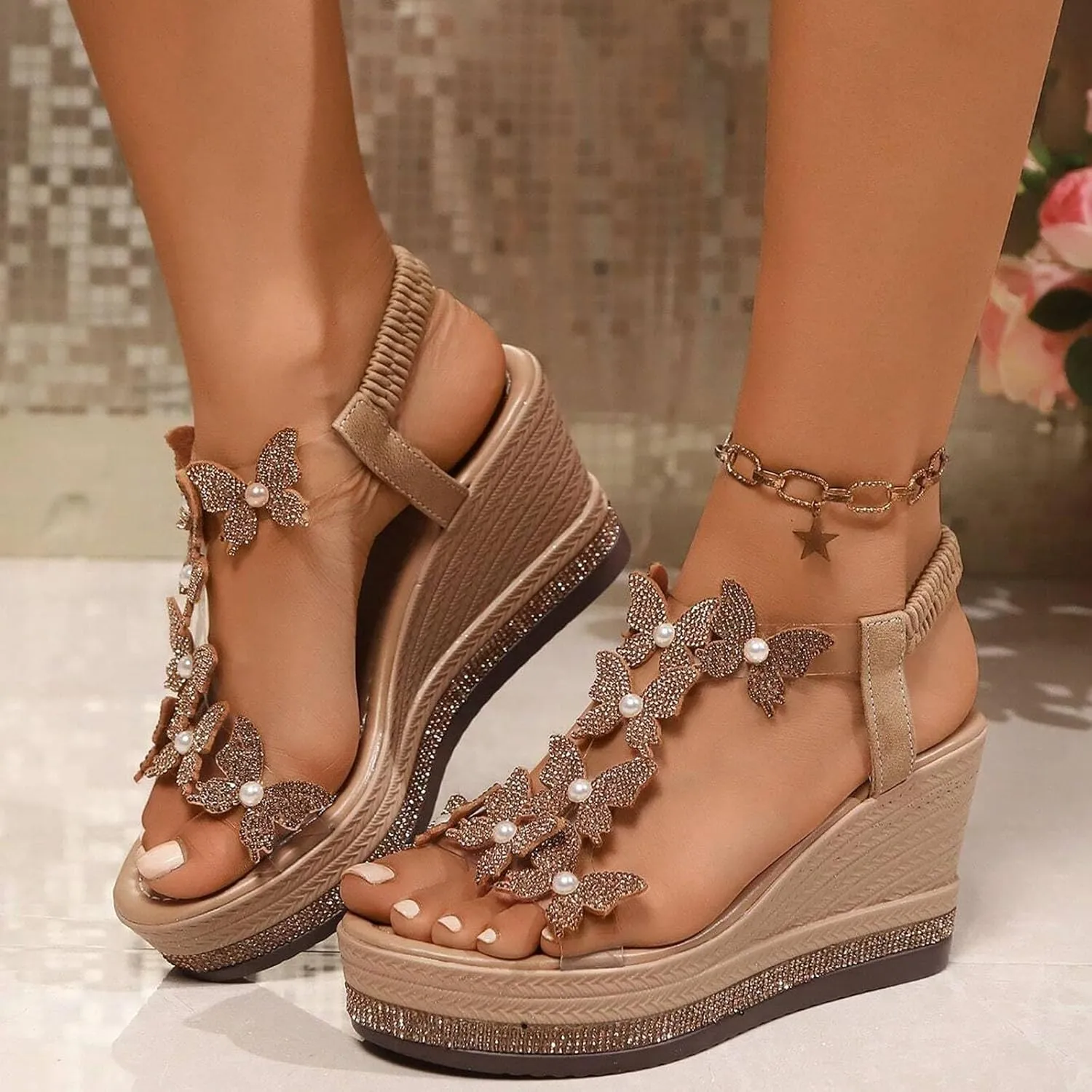 Hbeylia Rhinestones Wedge Sandals for Women Sparkly Butterfly Dressy Summer Open Toe Low Platform Wedges Sandals Elastic Ankle Strap Bling Heels Dress Shoes Comfortable Casual Slip On Sandals