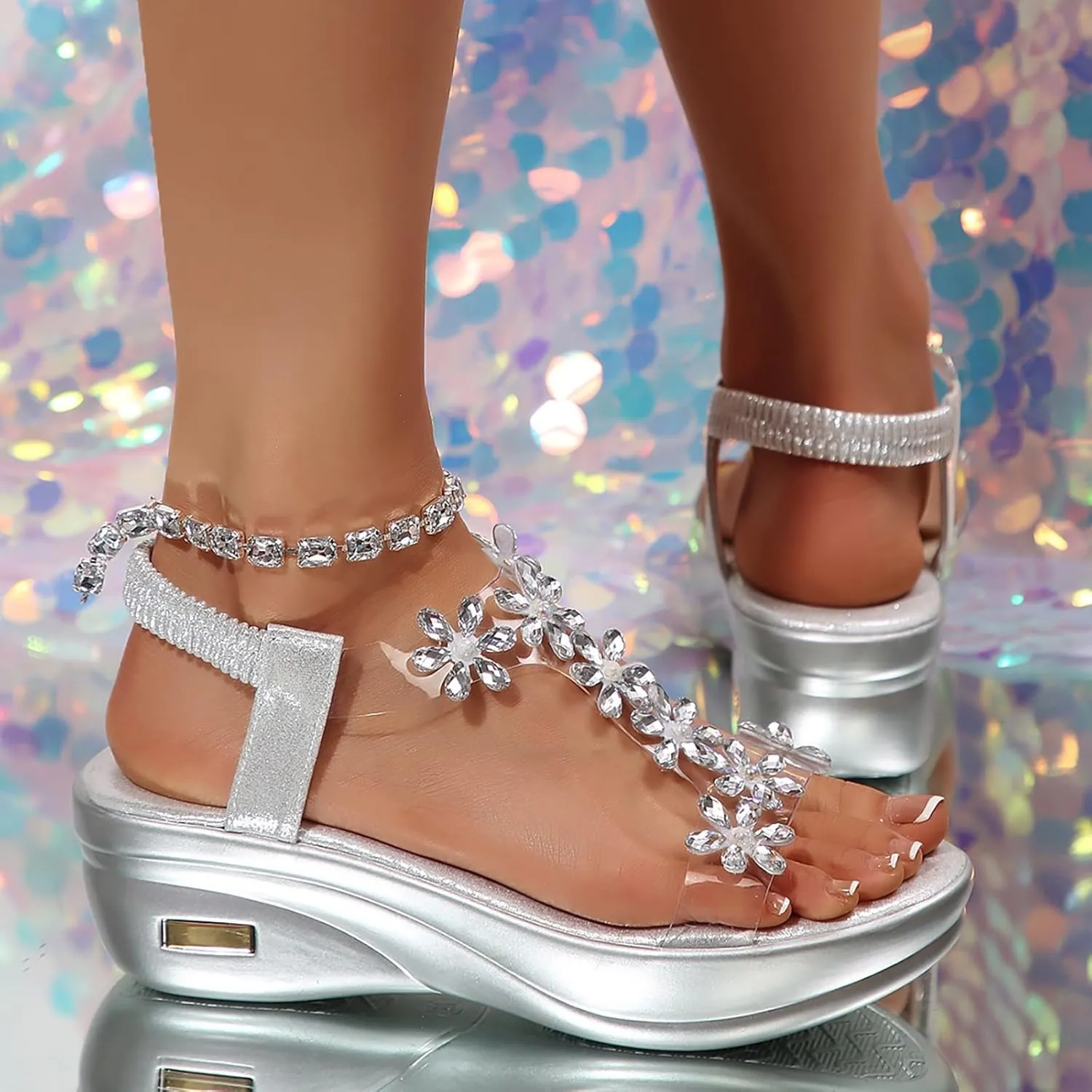 Hbeylia Rhinestones Wedge Sandals for Women Sparkly Butterfly Dressy Summer Open Toe Low Platform Wedges Sandals Elastic Ankle Strap Bling Heels Dress Shoes Comfortable Casual Slip On Sandals